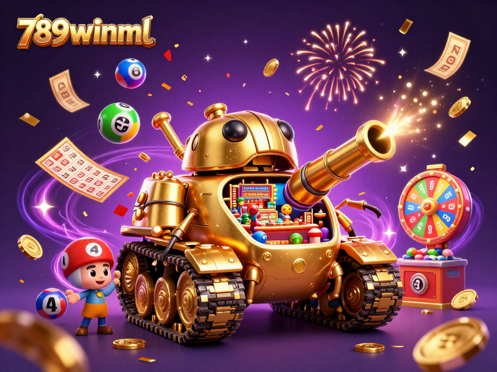 Join the excitement at 789winml with vibrant casino elements and celebratory prizes raining down.