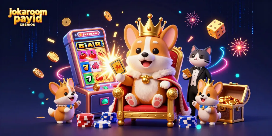 Experience the thrill of jokaroom payid casinos with a royal corgi surrounded by vibrant casino elements.