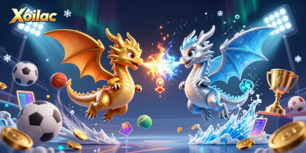 Xoilac engages in thrilling sports betting with dynamic dragons and sports elements swirling in action