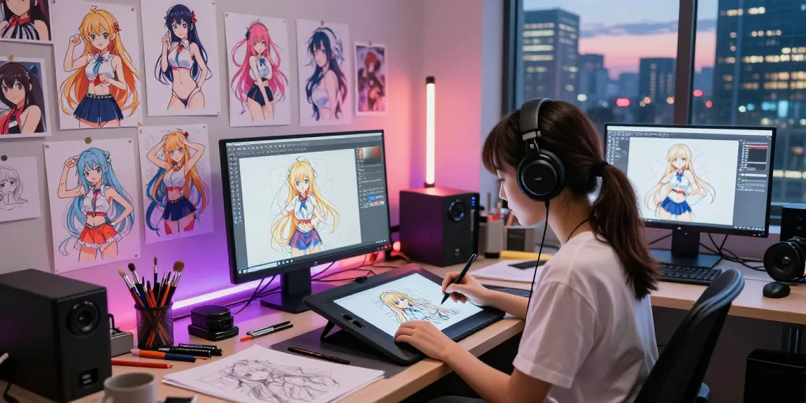 Engaging scene of an artist creating ai ecchi character designs in a modern studio with vibrant lighting.