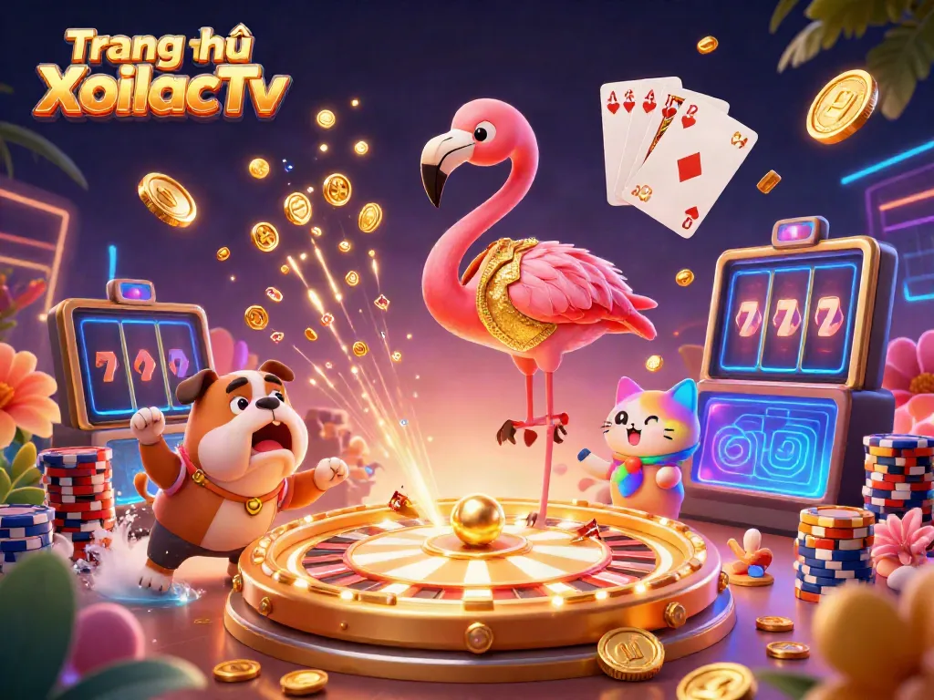 Engaging scene on Trang chủ XoilacTv showcasing an excited bulldog and flamingo host amid casino elements.
