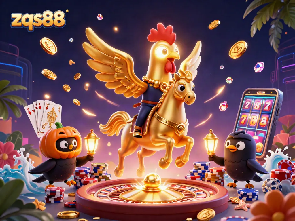 Play exciting games at zqs88 with golden rooster and casino elements in a vibrant 3D scene.
