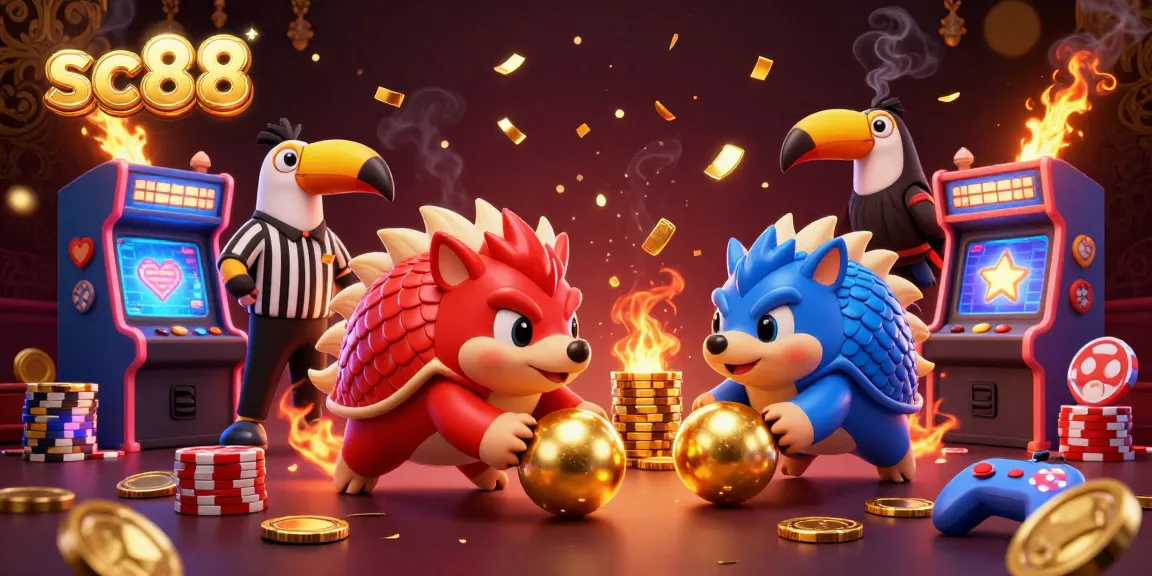 Engage in exciting gameplay with sc88 as rival pangolins compete in a vibrant casino arcade scene.