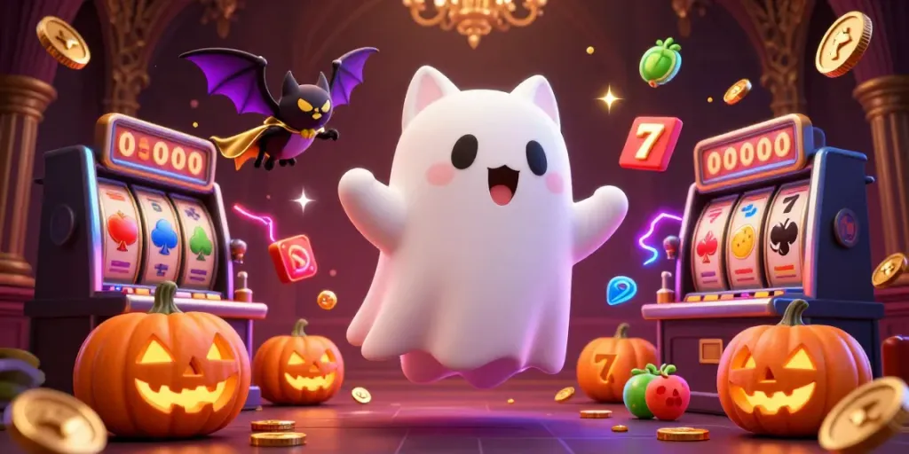Engage with exciting gameplay at 1nohu90, featuring a ghost cat, bat, and slot gaming elements.
