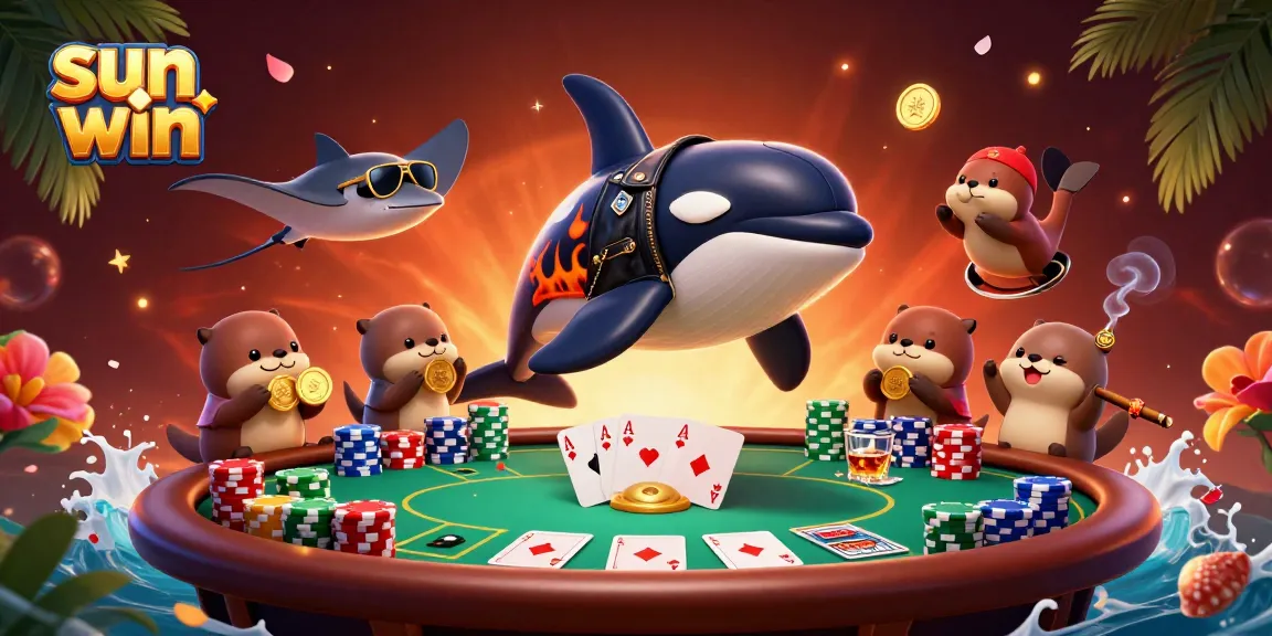 Experience the thrill of sun win casino games with a vibrant 3D scene featuring dynamic characters and poker elements.