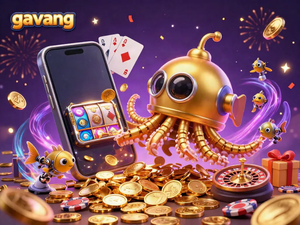 Experience the excitement of gavang with a 3D kraken submarine amidst golden coins and dynamic casino elements.