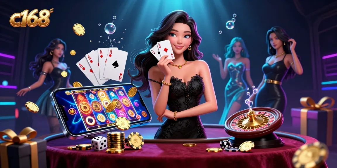 Experience thrilling gameplay at c168 with an elegant dealer showcasing poker cards amidst vibrant casino elements.