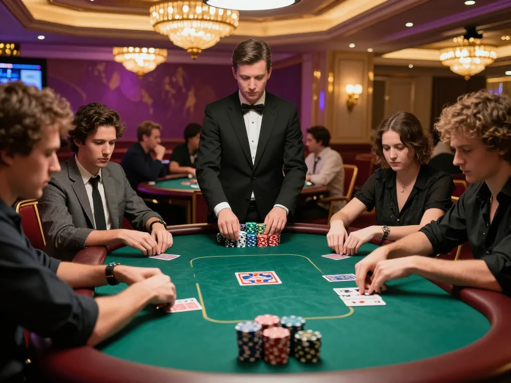 Intense poker action at qq88ae luxury casino with players focused and dealer managing the game.
