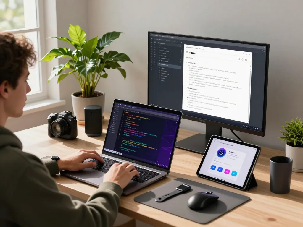 Developer customizing the Clawd bot AI on a modern workspace with vibrant code on screens.