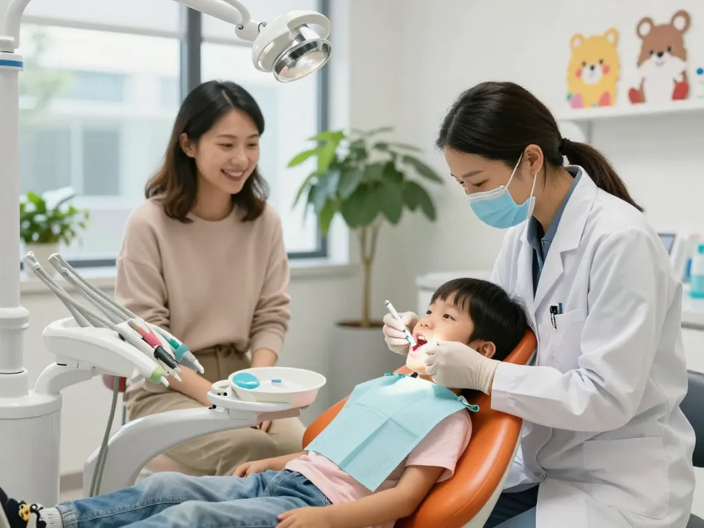 Dental clinic near me featuring a dentist examining a child's teeth in a welcoming, brightly lit environment.