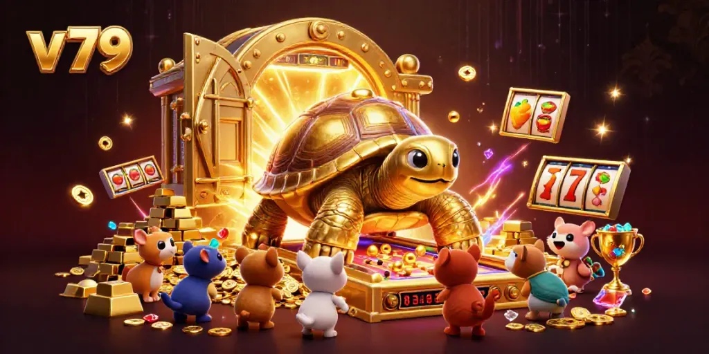 Experience thrilling gameplay at v 79 with a vibrant casino scene featuring exciting slot reels and animated characters.