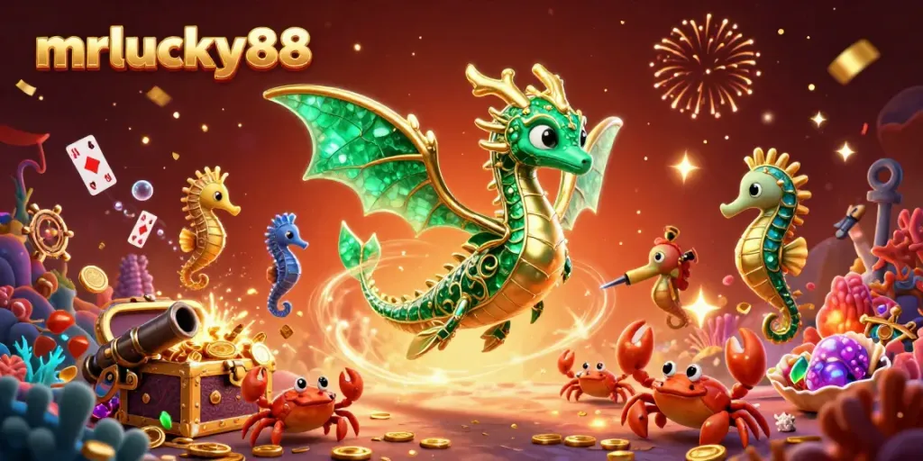 Engage with mrlucky88's vibrant 3D illustration showcasing a sea dragon and treasure in an energetic casino scene.