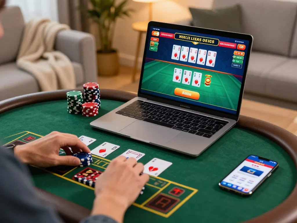 Player engaging in a live dealer blackjack game on RR88 from home, showcasing a vibrant online casino atmosphere.