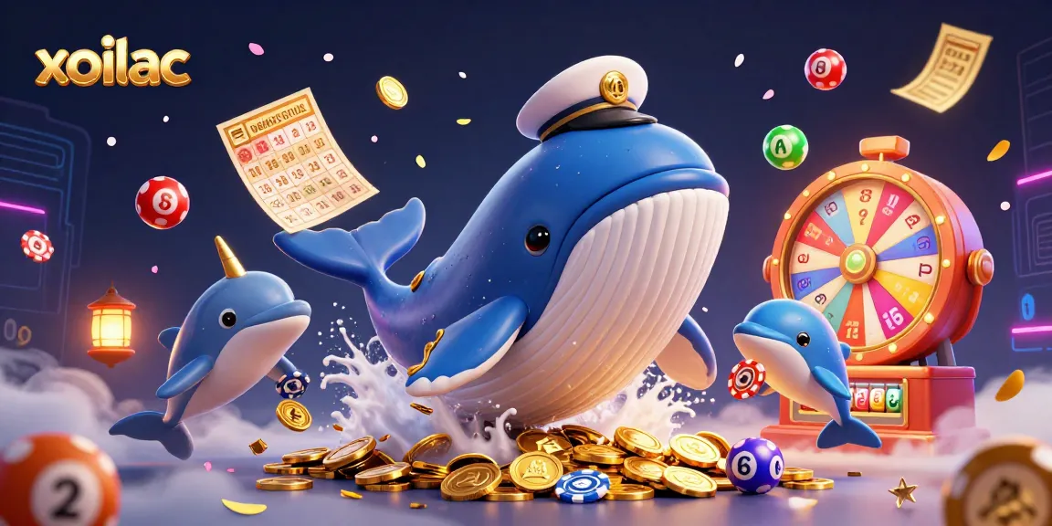 Xoilac offers a vibrant 3D illustration of a whale, narwhal, and dolphins in a dynamic gaming scene.