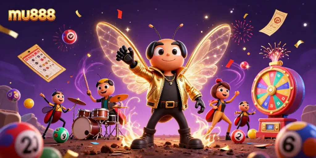 Experience thrilling moments with mu888 as a cicada rock star performs amid colorful lottery elements and excitement.