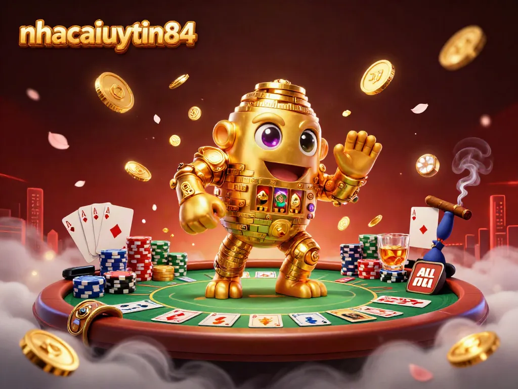 Experience the excitement of nhacaiuytin84 with this vibrant 3D casino illustration featuring a golden golem, poker elements, and dynamic gameplay.