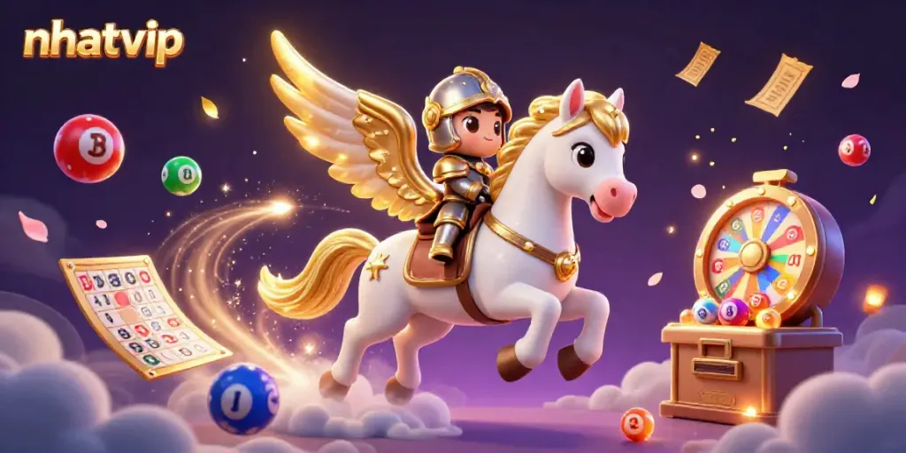 Nhatvip visuals featuring a celestial horse and a knight amidst vibrant gaming elements, embodying lively casino energy.