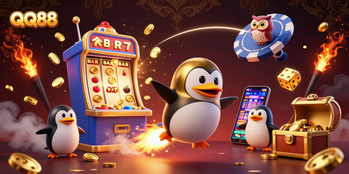 Experience the excitement of QQ88 as a golden penguin rockets towards a casino in a vibrant 3D scene.
