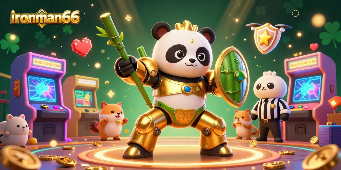 Experience thrilling gameplay at ironman66 with a dynamic scene showcasing a mech-suit panda and vibrant casino themes.