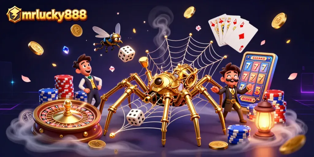 Engage with mrlucky888's excitement as a golden spider catches unlucky dice amid cascading coins!
