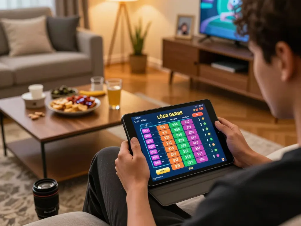 Lô đề online gaming participant engaged in strategic betting at home, showcasing a tablet interface and cozy environment.