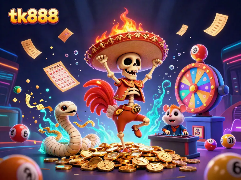 Experience thrilling casino fun with tk888 in a dynamic illustration featuring a winning mariachi rooster and festive elements.