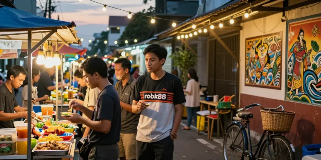 Rokok88 dalam suasana riang di pasar malam, teman-teman menikmati makanan tradisional dan berbagi momen.