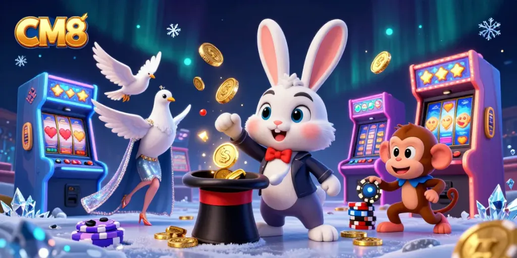 Experience CM8 online casino magic with characters pulling coins and poker chips in a vibrant gaming scene.