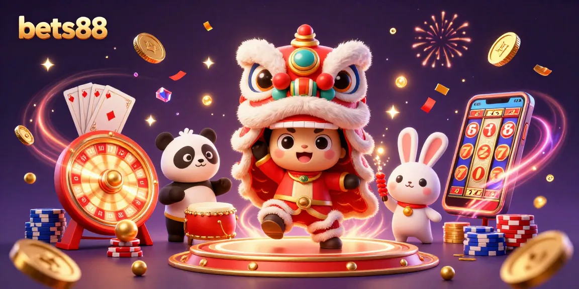 Experience the thrilling energy of bets88 with a vibrant 3D casino scene featuring dynamic characters and gaming elements.