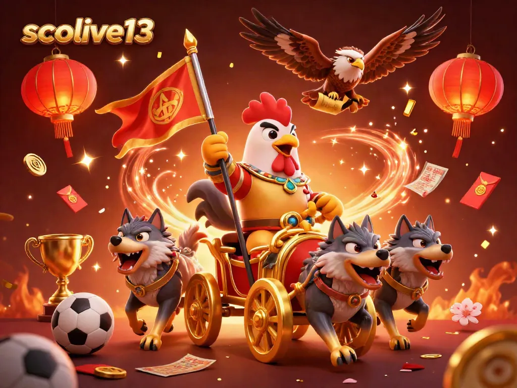 Socolive13 sports betting illustration featuring a rooster warlord, game elements, and a festive atmosphere.