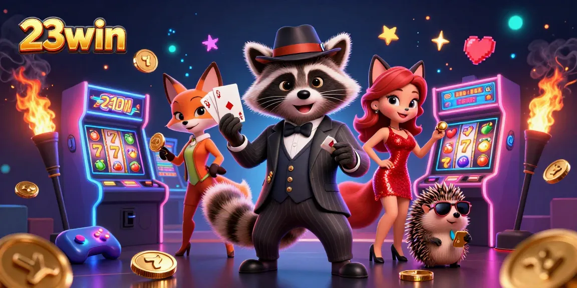 Experience thrilling gameplay with 23win's dynamic casino scene showcasing a raccoon, fox, and hedgehog.