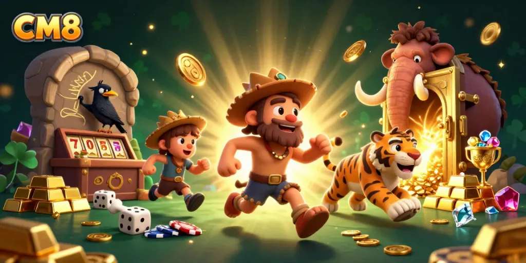Win big at CM8 casino with caveman and sabertooth tiger duo amidst dazzling slot games!