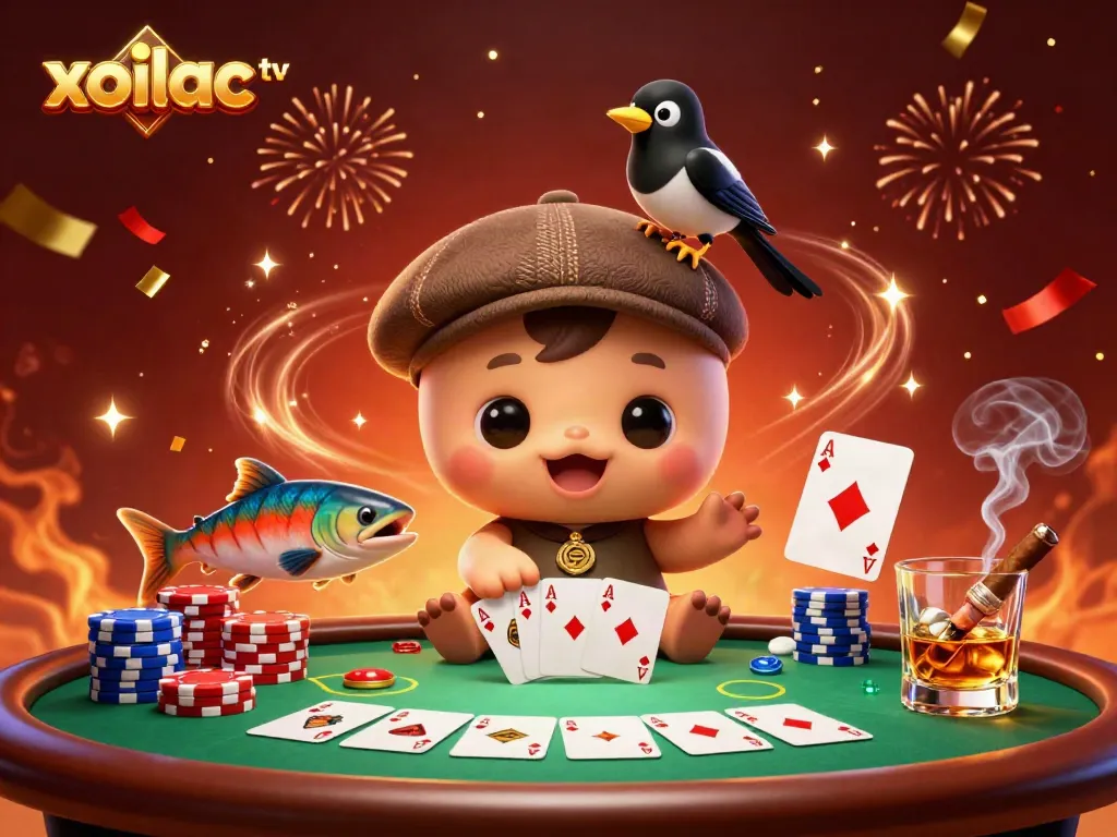 Engage with xoilac tv as playful characters compete at a vibrant poker table adorned with colorful chips and cards.