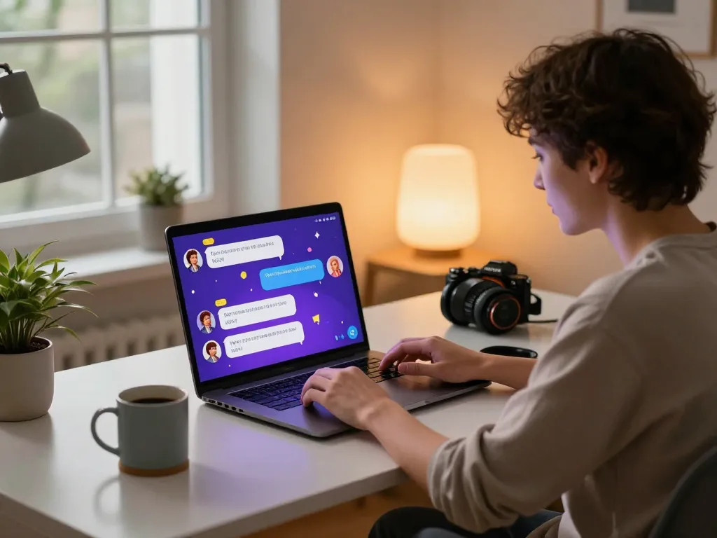 Engaging with 18+ AI chatbot in a cozy home office, showcasing playful digital interaction.