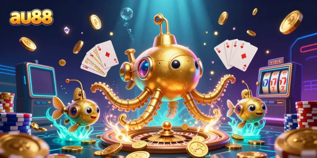 Join the excitement at au88 with a dazzling underwater casino featuring a golden kraken and treasures!
