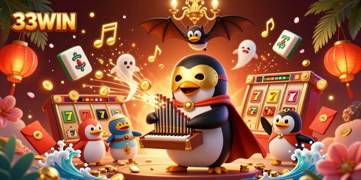 Experience thrilling gaming with 33WIN as a penguin conducts slot machine excitement amidst golden coins and decorations.