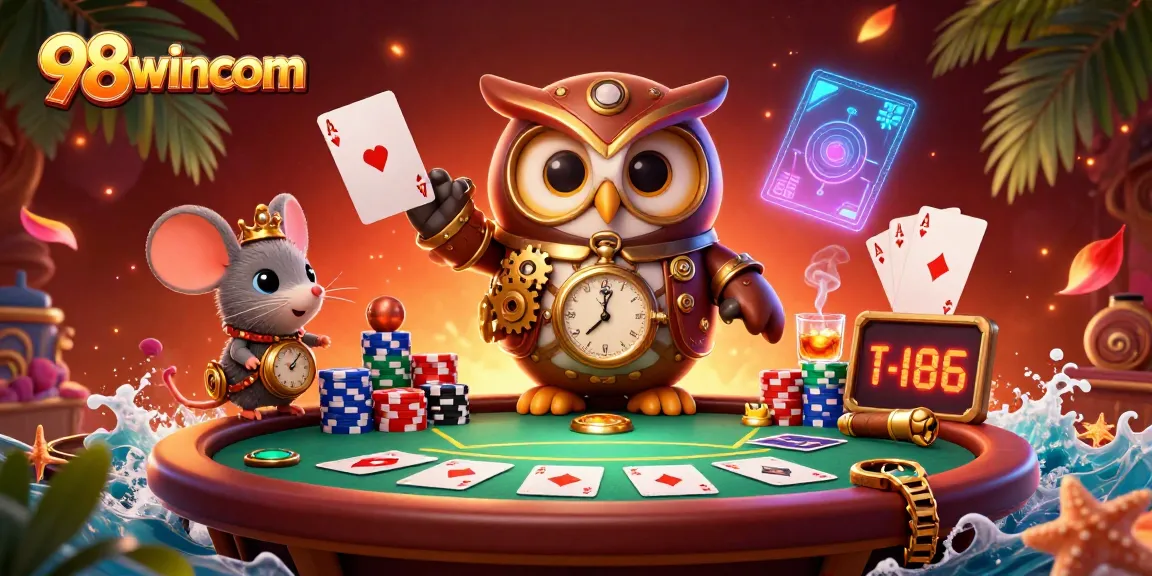 Engage in thrilling poker action with 98wincom featuring a cartoon owl and mouse amidst vibrant casino elements.