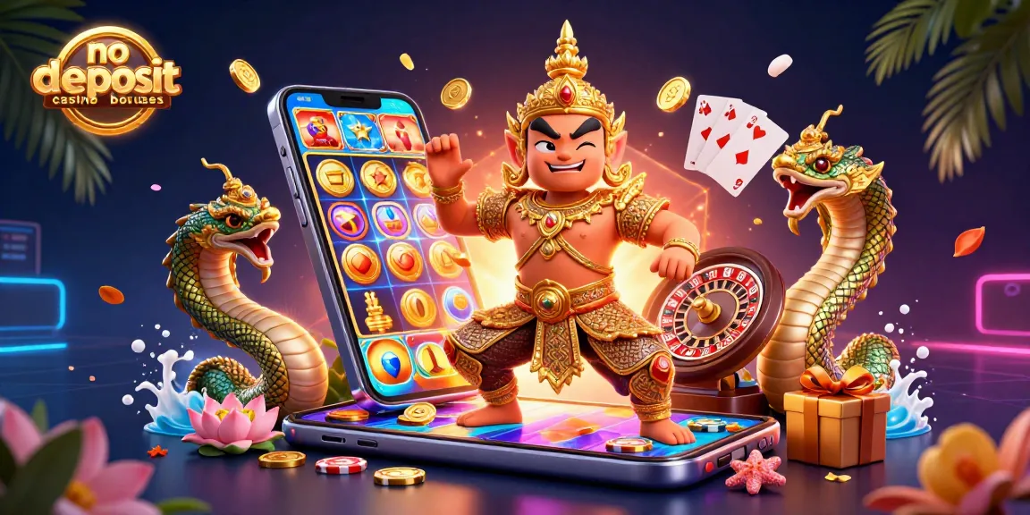 Engage with no deposit casino bonuses through vibrant illustration of a friendly temple guardian amidst exciting gaming elements.