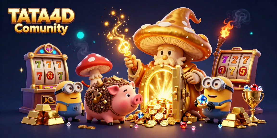 TATA4D Comunity celebrates thrilling jackpot moments with golden wizard, treasure, and slot reels.